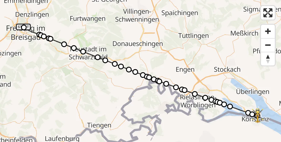 Flugroute Rettungshubschrauber Freiburg im Breisgau Airfield - Konstanz Hospital, 09 März 2026, 13:53
