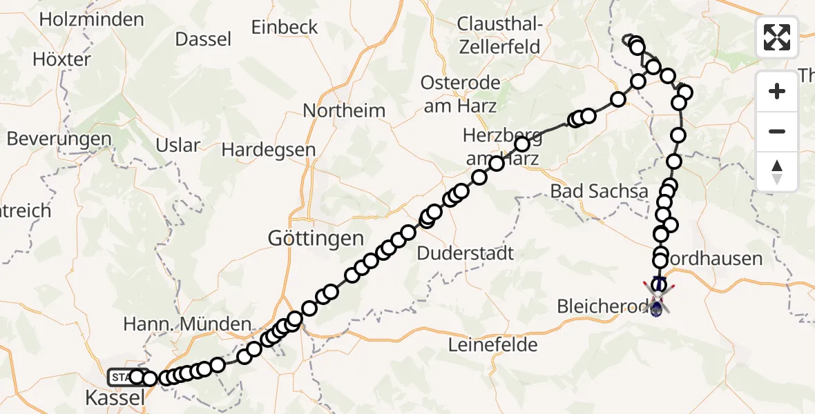 Flugroute Polizeihubschrauber Ihringshausen - Wipperdorf, 09 März 2026, 13:55