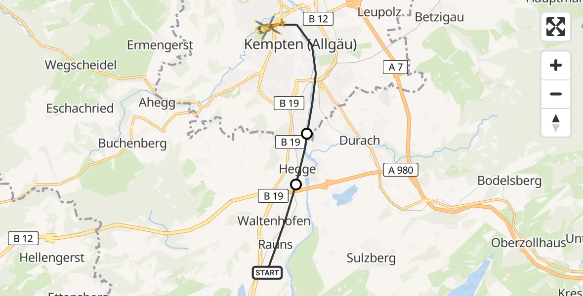 Flugroute Rettungshubschrauber Rauns - Kempten (Allgäu), 09 März 2026, 13:59