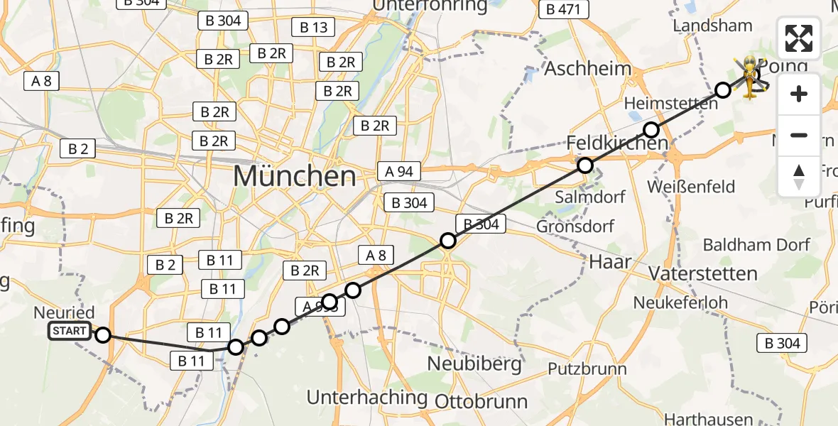 Flugroute Rettungshubschrauber Neuried - Poing, 09 März 2026, 14:14