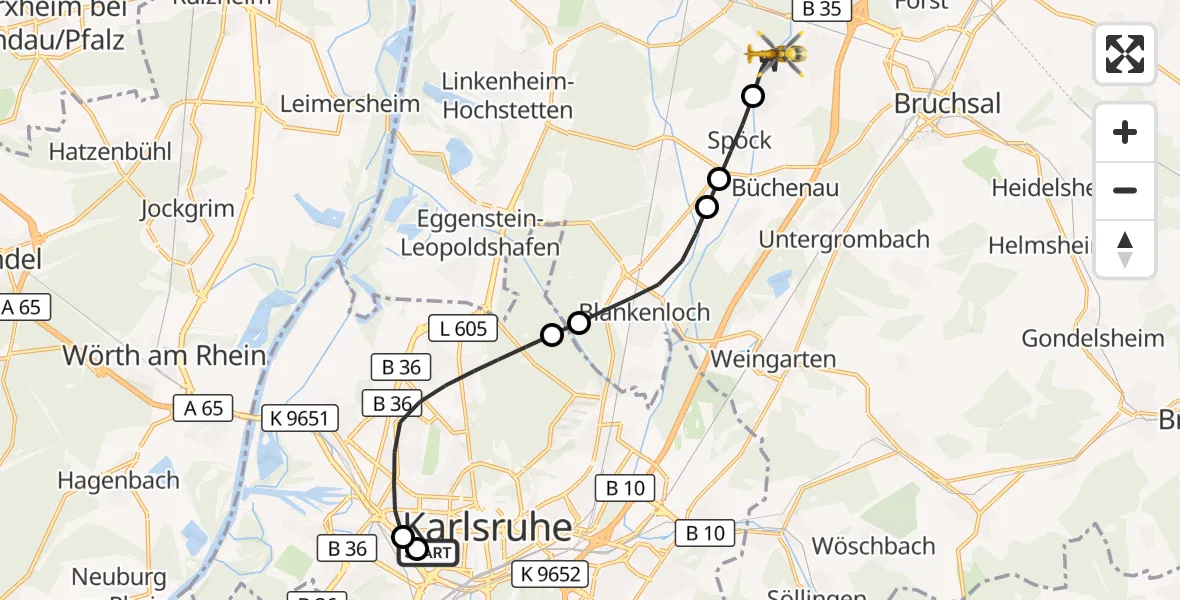 Flugroute Rettungshubschrauber Sankt Vincentius Hospital - Neuthard, 09 März 2026, 14:15