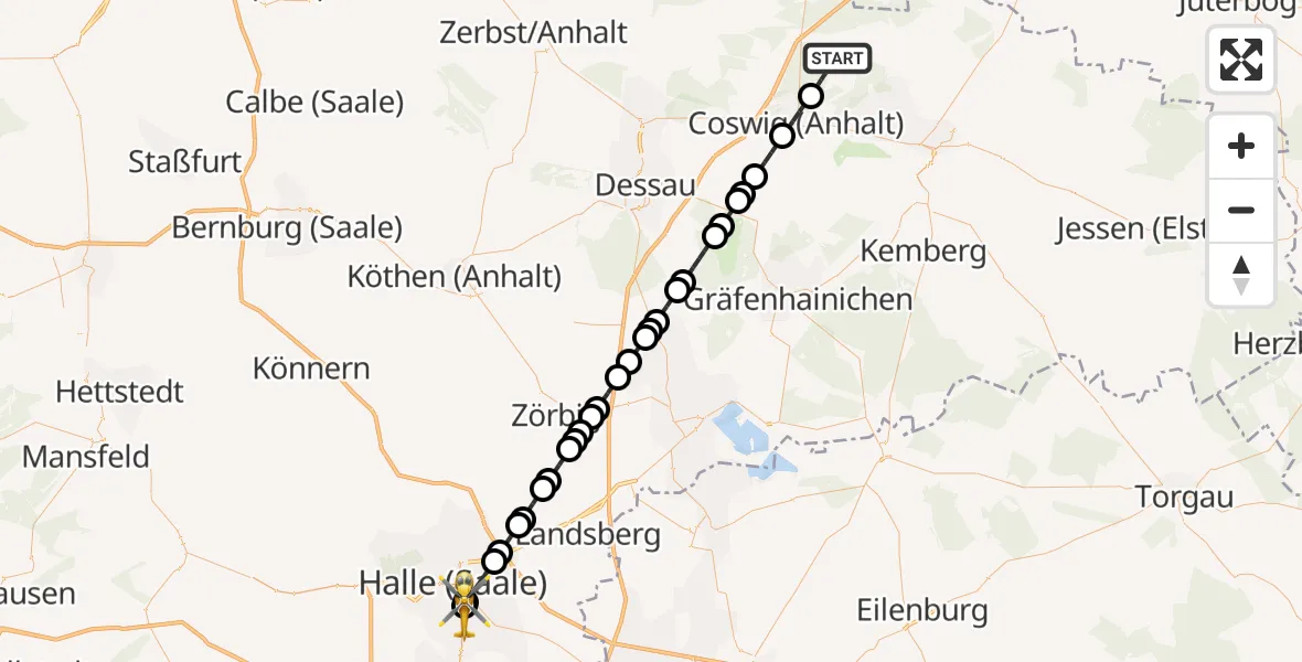 Flugroute Ambulanzhubschrauber Wörpen - BG Hospital Bergmannstrost Halle, 09 März 2026, 14:16