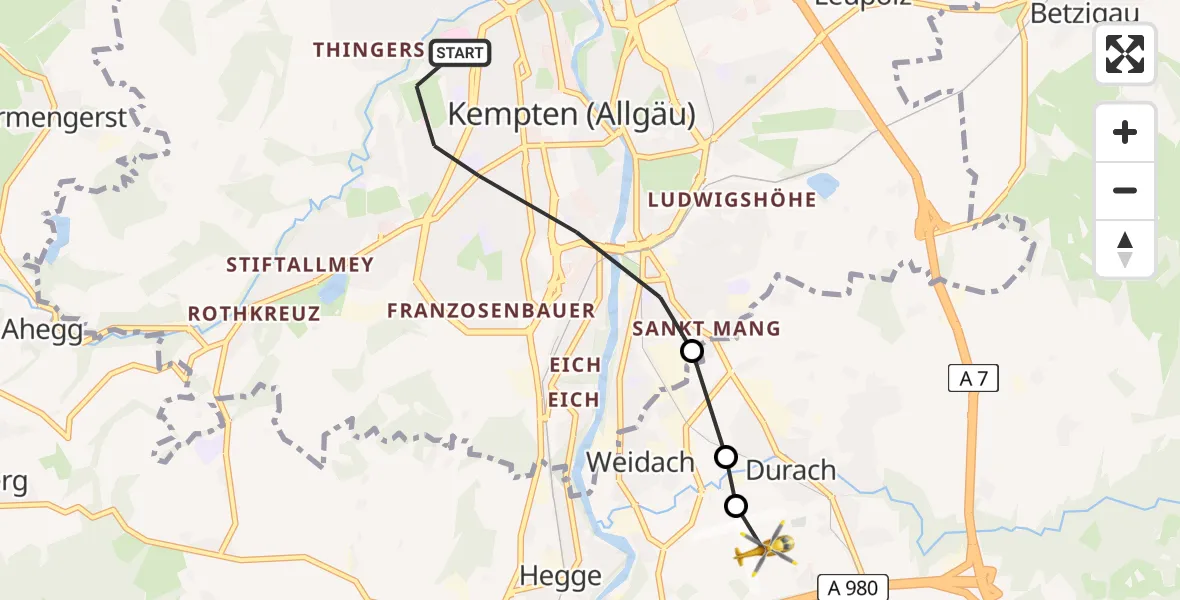 Flugroute Rettungshubschrauber Kempten (Allgäu) - Kempten-Durach Airfield, 09 März 2026, 14:19