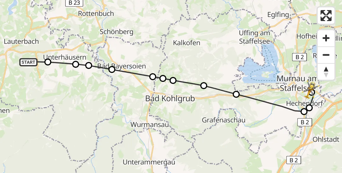 Flugroute Rettungshubschrauber Lauterbach - Murnau Accident Hospital, 09 März 2026, 14:23