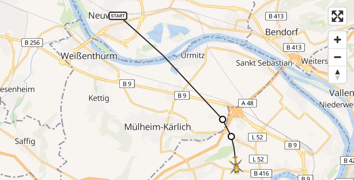 Flugroute Ambulanzhubschrauber Neuwied - Bubenheim, 09 März 2026, 14:25