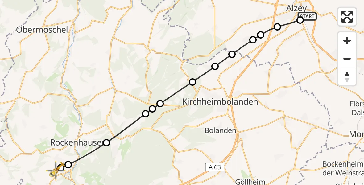 Flugroute Rettungshubschrauber Rheinhessen Specialty Hospital Alzey - Imsweiler UL, 09 März 2026, 14:42