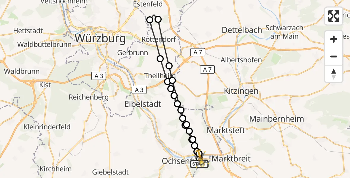 Flugroute Rettungshubschrauber Ochsenfurt Hospital - Frickenhausen am Main, 09 März 2026, 14:57