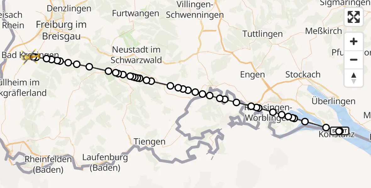 Flugroute Rettungshubschrauber Konstanz Hospital - Bad Krozingen (Kernstadt), 09 März 2026, 15:04