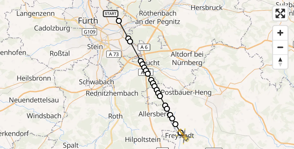Flugroute Ambulanzhubschrauber Nuremberg Airport - Freystadt, 09 März 2026, 15:04