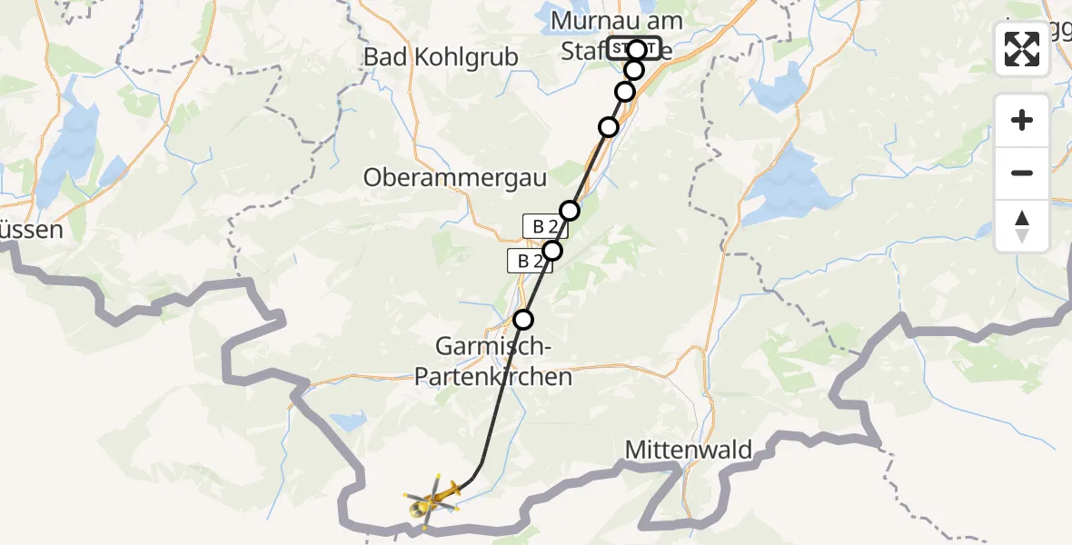 Flugroute Rettungshubschrauber Murnau Accident Hospital - Garmisch-Partenkirchen, 09 März 2026, 15:10
