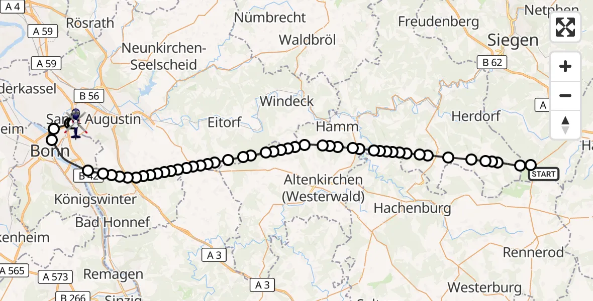 Flugroute Polizeihubschrauber Siegerland Airport - Sankt Augustin, 09 März 2026, 15:13