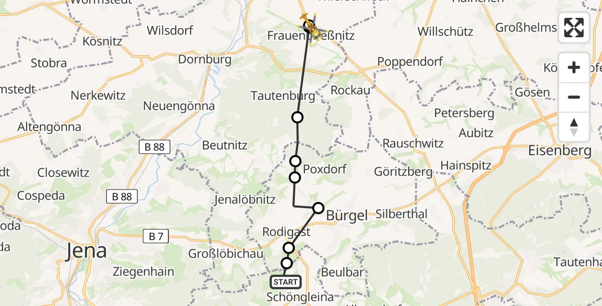 Flugroute Rettungshubschrauber Jena-Schöngleina Airfield - Frauenprießnitz, 09 März 2026, 15:17