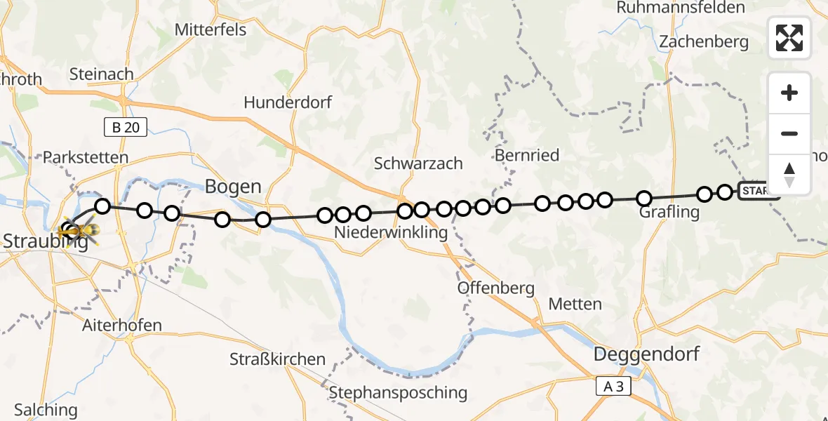Flugroute Rettungshubschrauber Bischofsmais - Sankt Elisabeth Hospital Straubing, 09 März 2026, 15:21