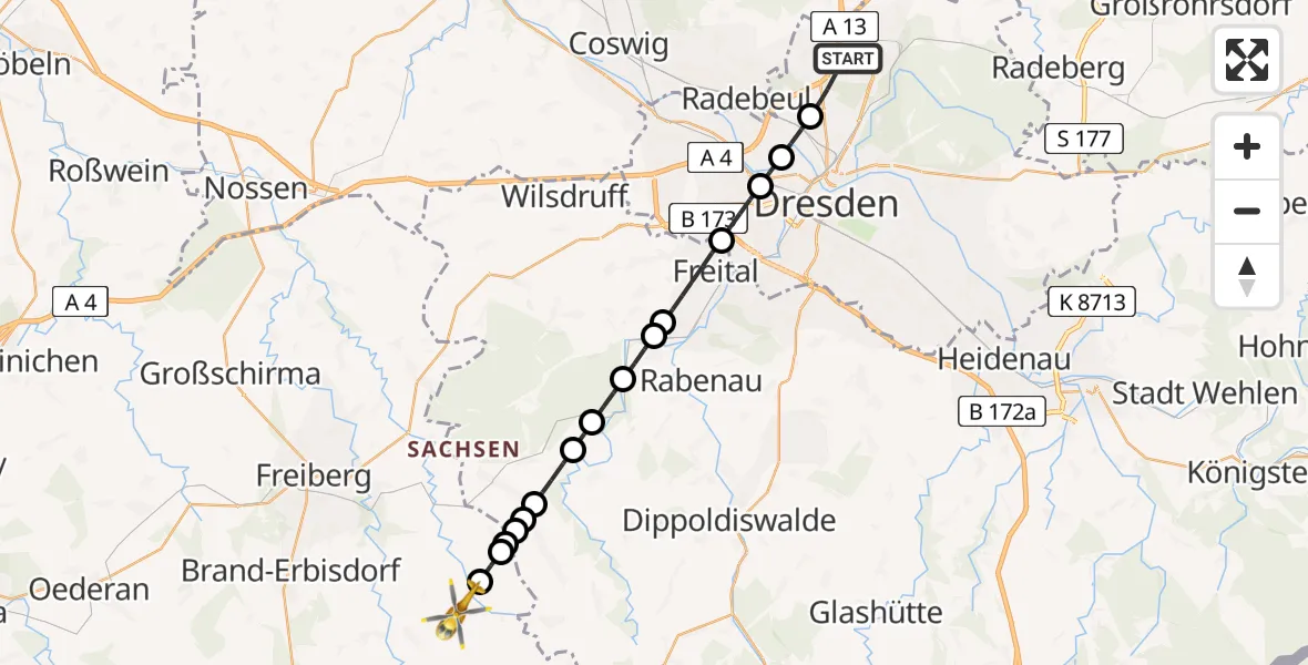 Routekaart van de vlucht: Rettungshubschrauber nach Bobritzsch-Hilbersdorf, Lichtenberger Straße