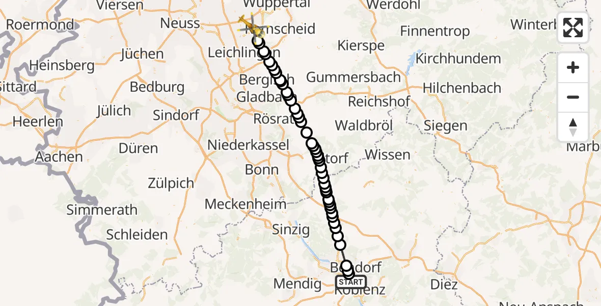 Flugroute Ambulanzhubschrauber Bubenheim - Solingen, 09 März 2026, 15:24