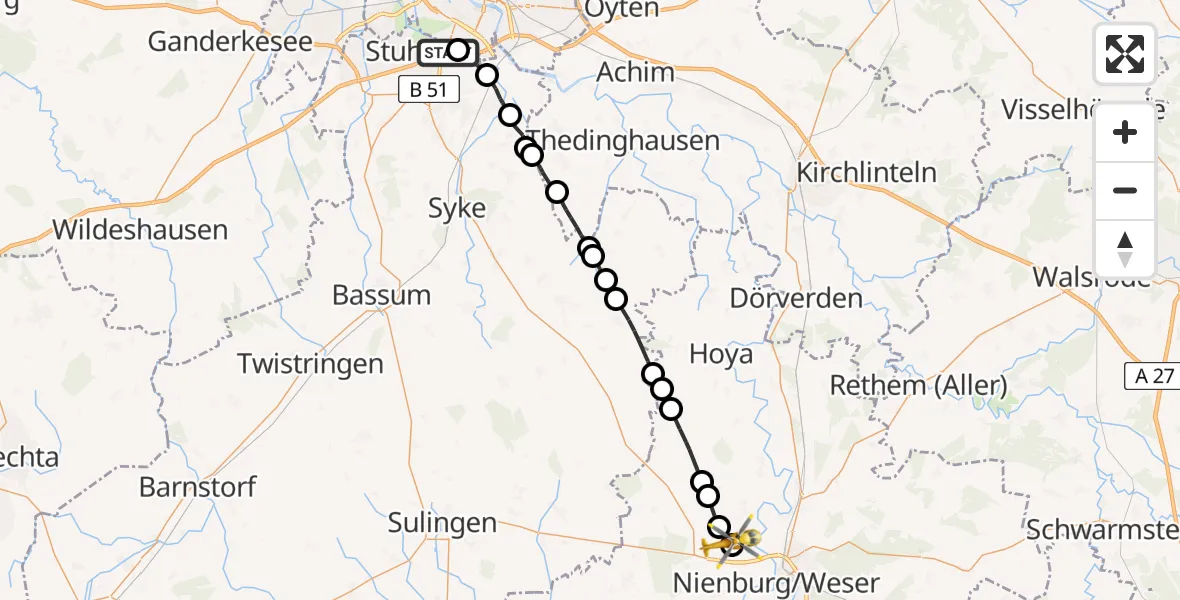 Flugroute Rettungshubschrauber Stuhr - Lemke, 09 März 2026, 15:36