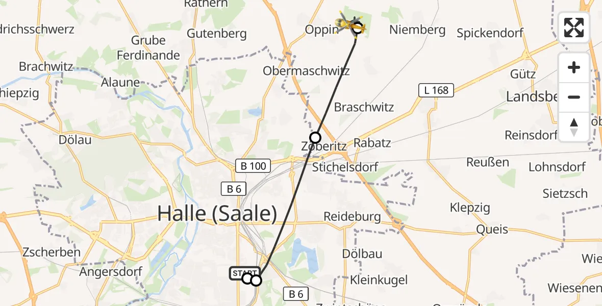 Flugroute Ambulanzhubschrauber BG Hospital Bergmannstrost Halle - Halle-Oppin Airfield, 09 März 2026, 15:38
