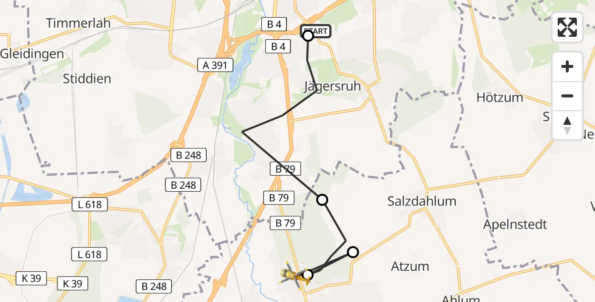 Flugroute Rettungshubschrauber Südstadt-Rautheim-Mascherode - Wolfenbüttel Municipal Hospital Heliport (Christoph 30), 09 März 2026, 15:39