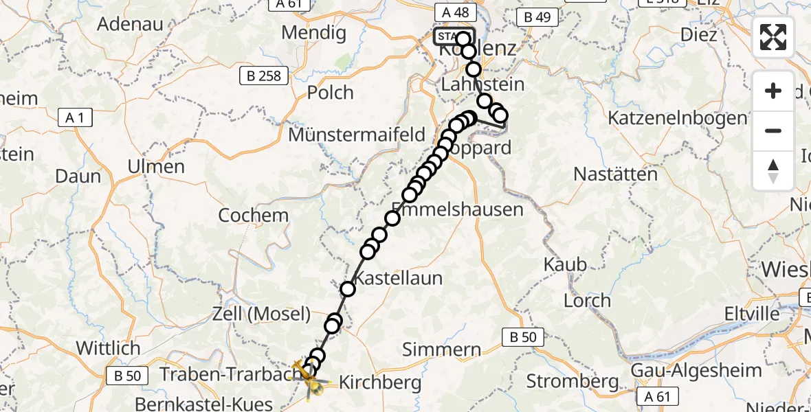 Flugroute Rettungshubschrauber Koblenz - Frankfurt-Hahn Airport, 09 März 2026, 15:44