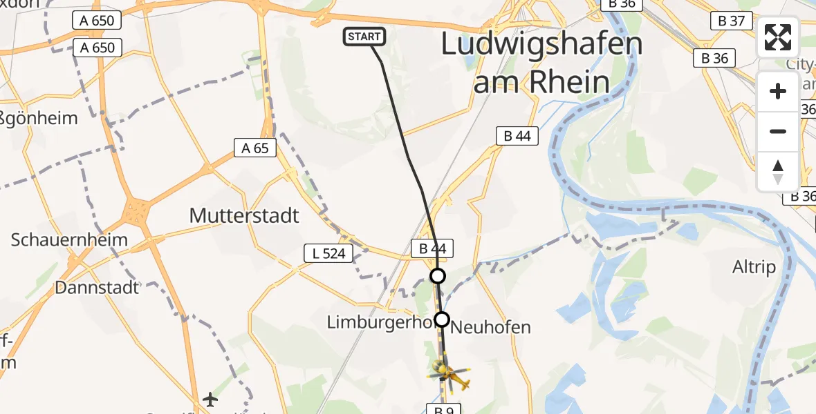 Flugroute Rettungshubschrauber Ludwigshafen am Rhein - Neuhofen, 09 März 2026, 15:45