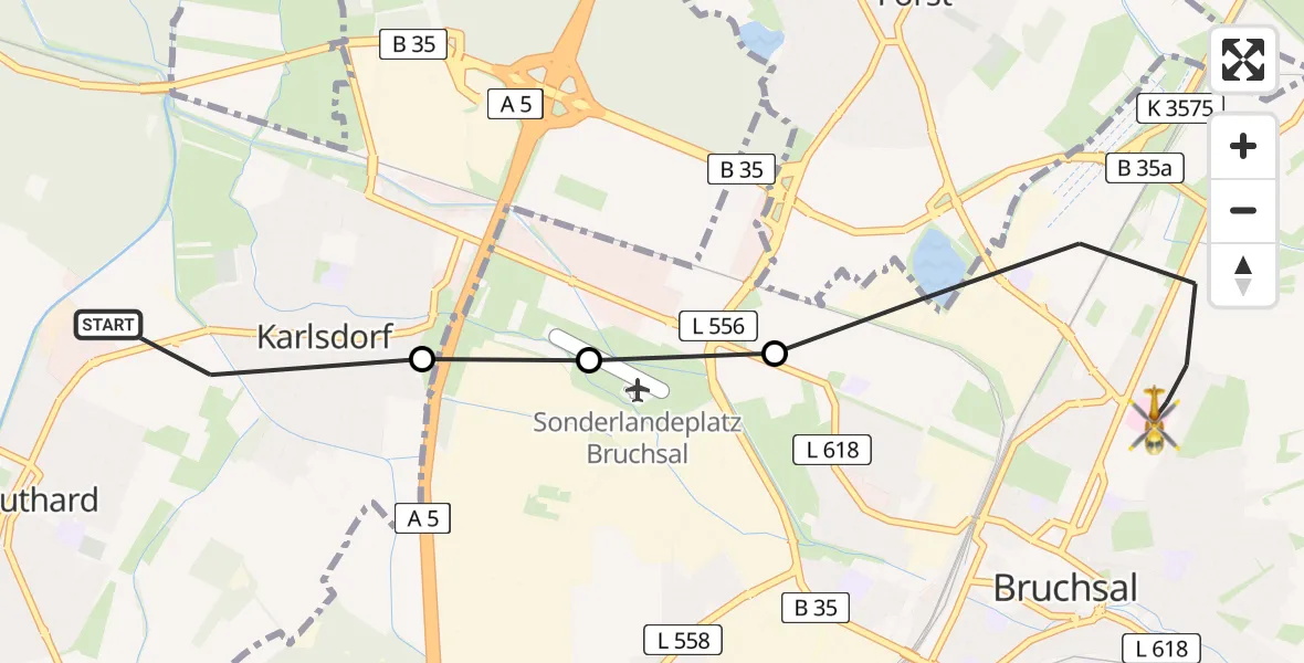 Flugroute Rettungshubschrauber Neuthard - Bruchsal, 09 März 2026, 15:47
