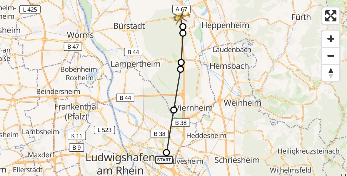 Flugroute Rettungshubschrauber Mannheim-City Airport - Lorsch, 09 März 2026, 15:48