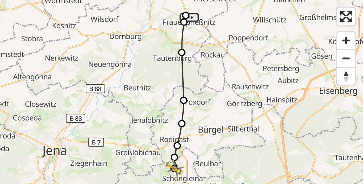 Routekaart van de vlucht: Rettungshubschrauber nach Jena-Schöngleina Airfield