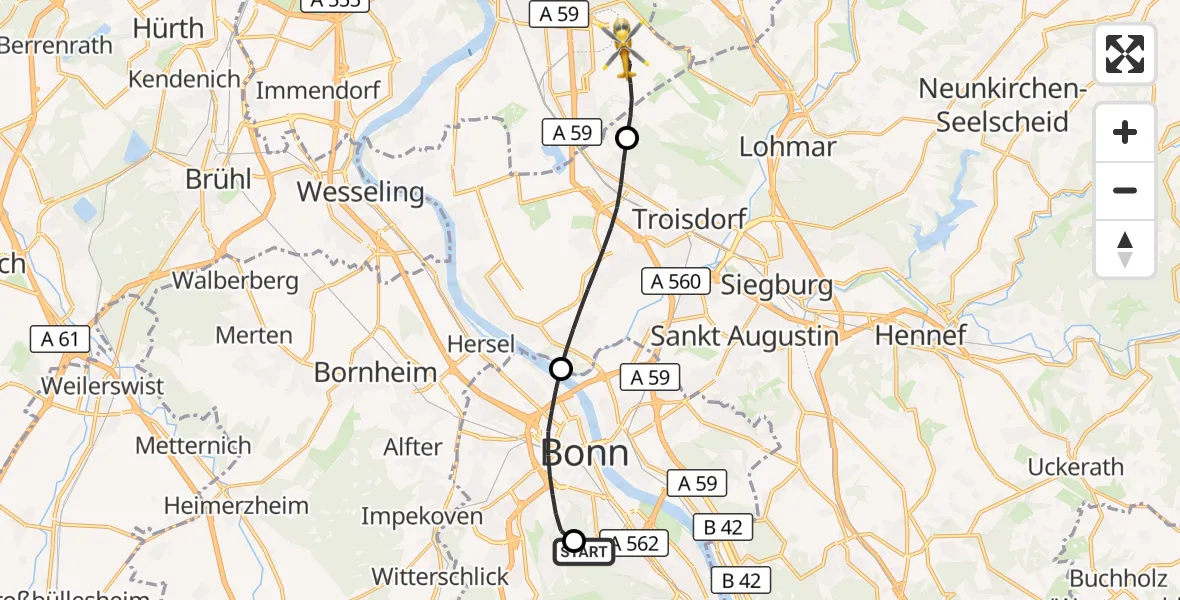 Flugroute Rettungshubschrauber Bonn University Hospital - Cologne Bonn Airport, 09 März 2026, 15:52