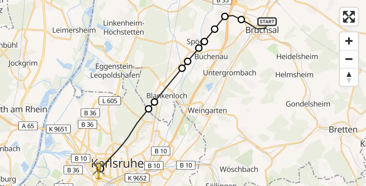 Flugroute Rettungshubschrauber Bruchsal - Sankt Vincentius Hospital, 09 März 2026, 15:52