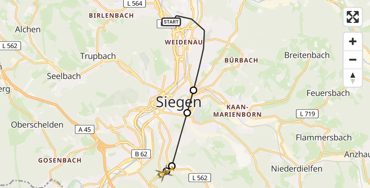 Flugroute Rettungshubschrauber Siegen - Evangelisches Jung-Stilling Hospital, 09 März 2026, 15:53