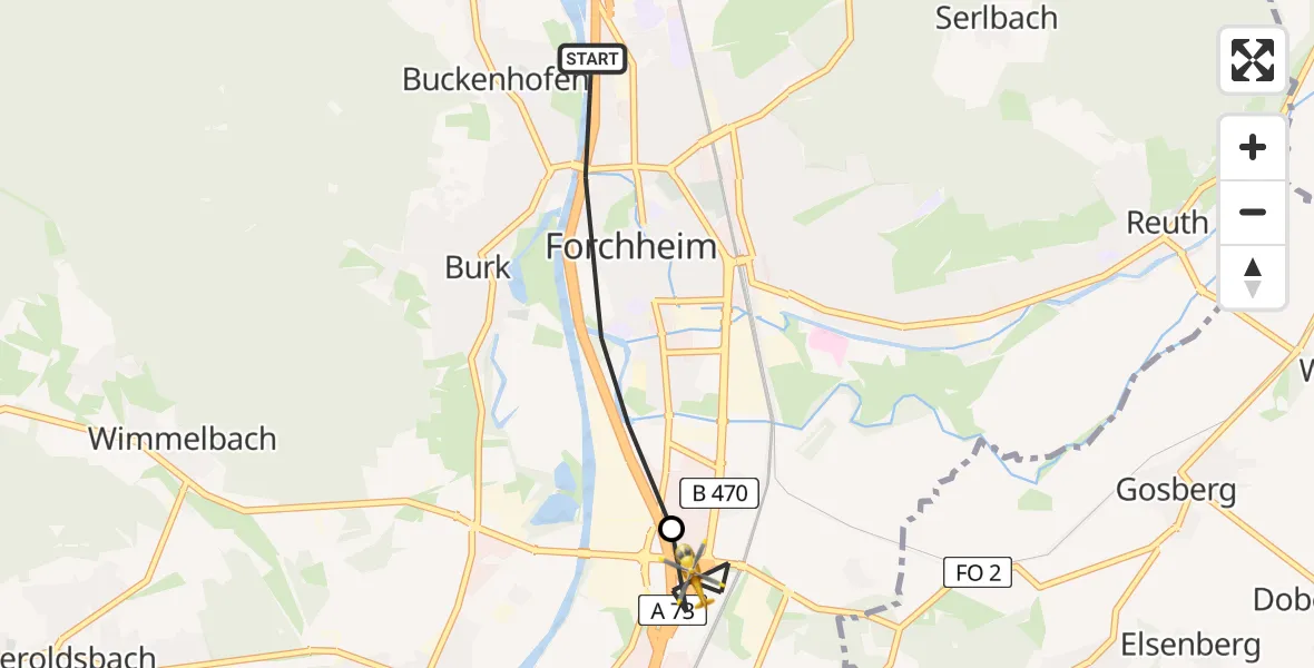 Flugroute Rettungshubschrauber Burk - Forchheim, 09 März 2026, 15:53