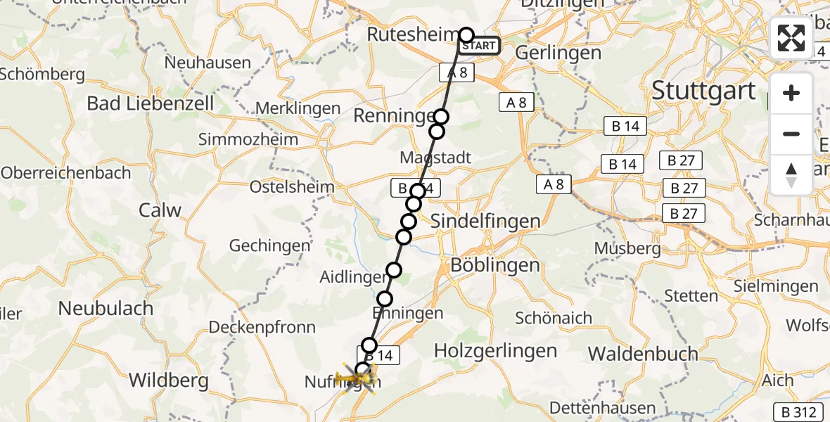 Flugroute Rettungshubschrauber Leonberg Hospital - Nufringen, 09 März 2026, 15:54