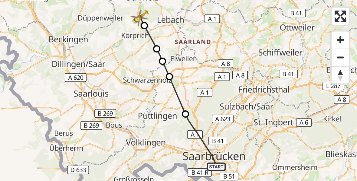 Flugroute Rettungshubschrauber Saarbrücken - Schmelz, 09 März 2026, 15:57