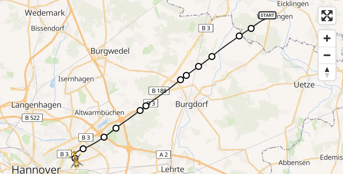 Routekaart van de vlucht: Rettungshubschrauber nach Hannover Air Rescue Heliport (Christoph 4)
