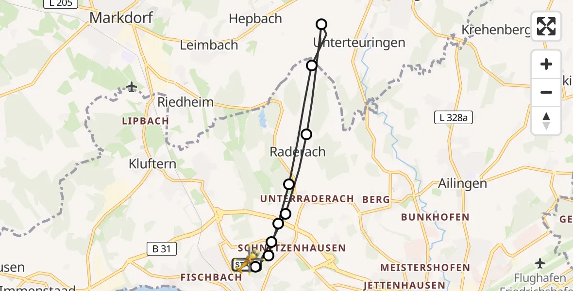 Flugroute Rettungshubschrauber Friedrichshafen Hospital - Friedrichshafen Hospital, 09 März 2026, 15:59