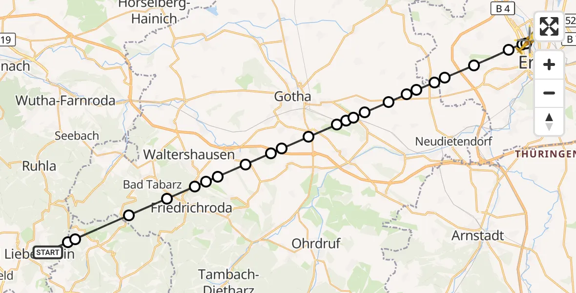 Flugroute Rettungshubschrauber Bad Liebenstein - Helios Clinic Erfurt, 09 März 2026, 16:14