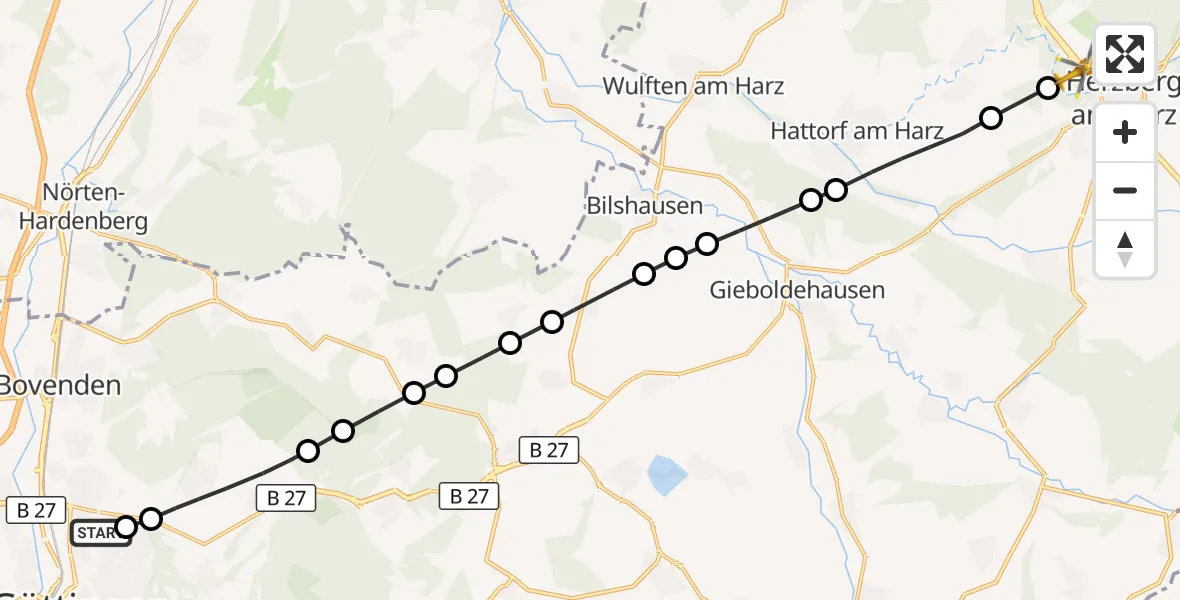 Flugroute Rettungshubschrauber Göttingen University Clinic Heliport - Herzberg am Harz, 09 März 2026, 16:17