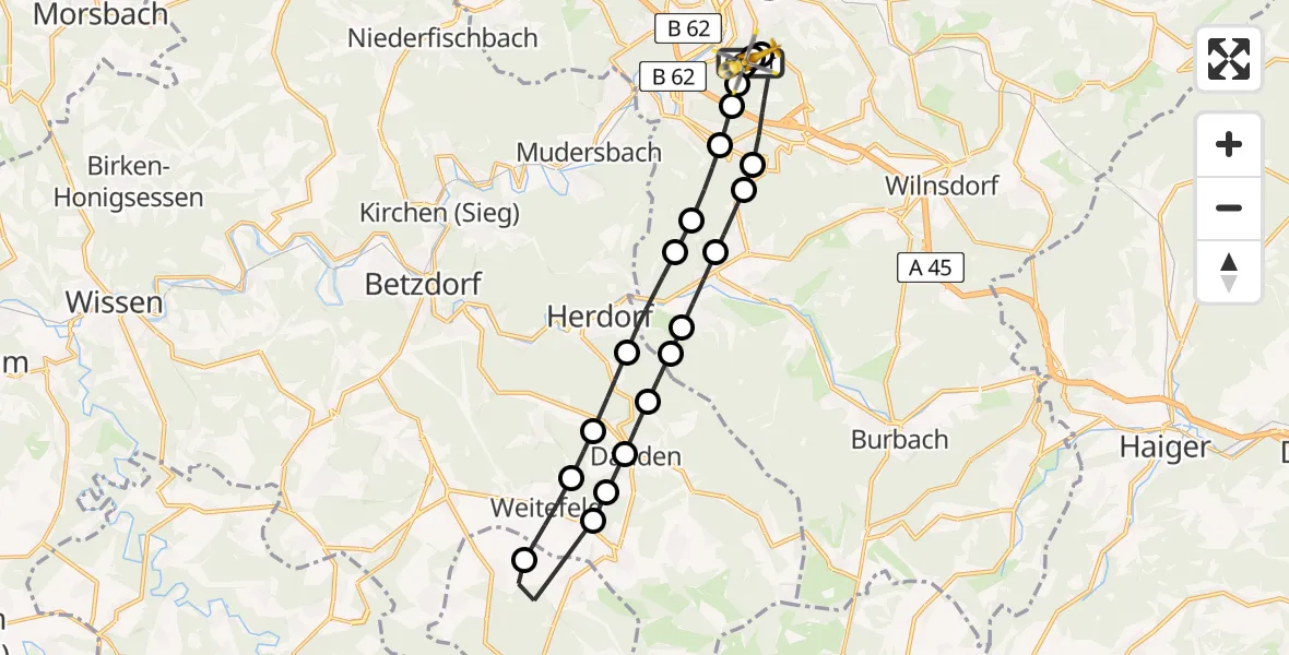 Flugroute Rettungshubschrauber Evangelisches Jung-Stilling Hospital - Evangelisches Jung-Stilling Hospital, 09 März 2026, 16:21