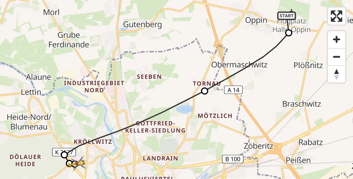 Flugroute Rettungshubschrauber Halle-Oppin Airfield - Halle (Saale) University Hospital, 09 März 2026, 16:23