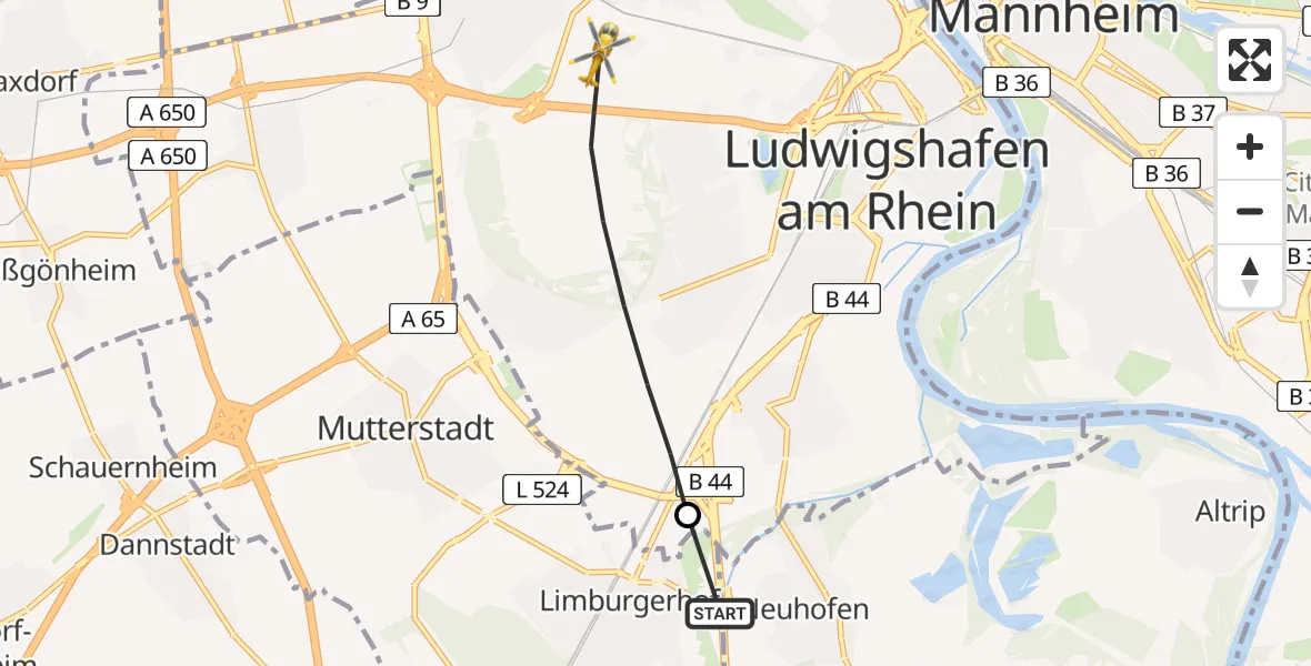 Flugroute Rettungshubschrauber Neuhofen - Ludwigshafen Accident Hospital, 09 März 2026, 16:24