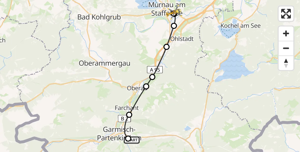 Flugroute Rettungshubschrauber Garmisch-Partenkirchen Clinic Heliport - Murnau Accident Hospital, 09 März 2026, 16:24