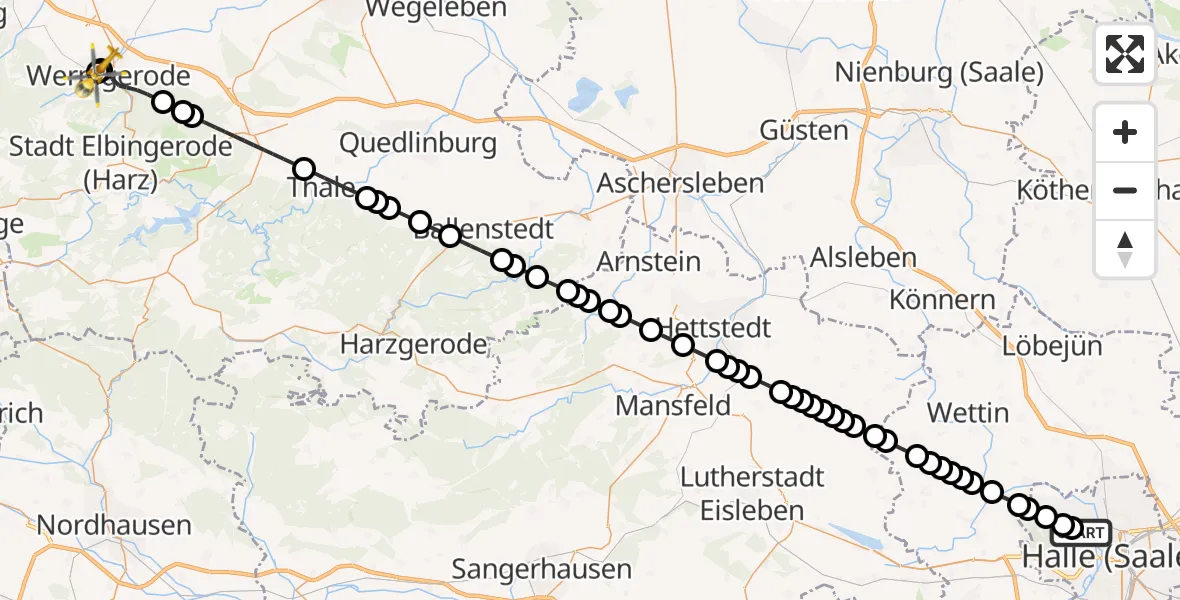Flugroute Rettungshubschrauber Halle (Saale) University Hospital - Harz Hospital Wernigerode, 09 März 2026, 16:30