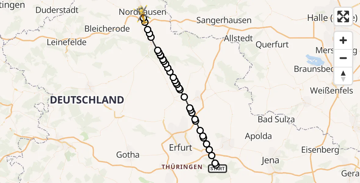 Flugroute Ambulanzhubschrauber Tiefengruben - Nordhausen, 09 März 2026, 16:32