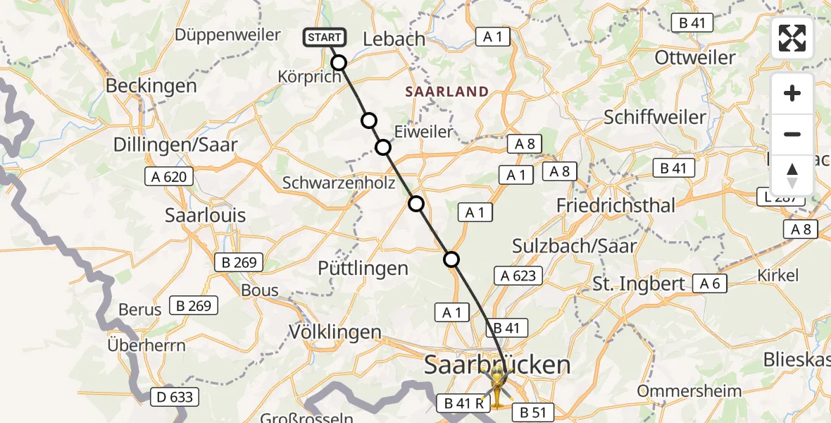 Flugroute Rettungshubschrauber Schmelz - Saarbrücken, 09 März 2026, 16:32