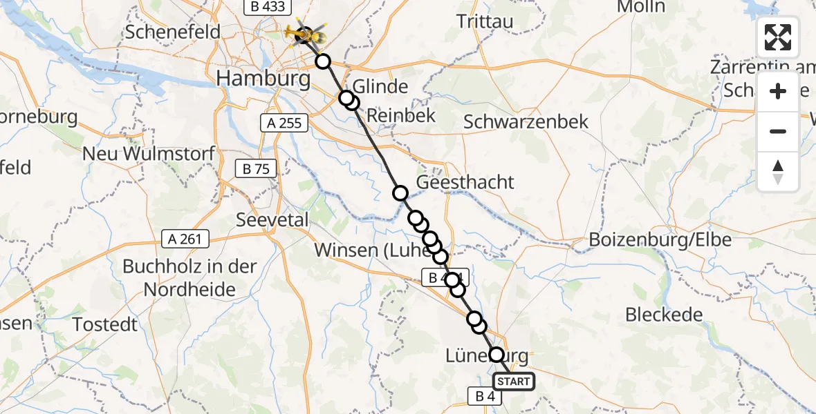Flugroute Rettungshubschrauber Wendisch Evern - Hamburg Military Hospital, 09 März 2026, 16:39