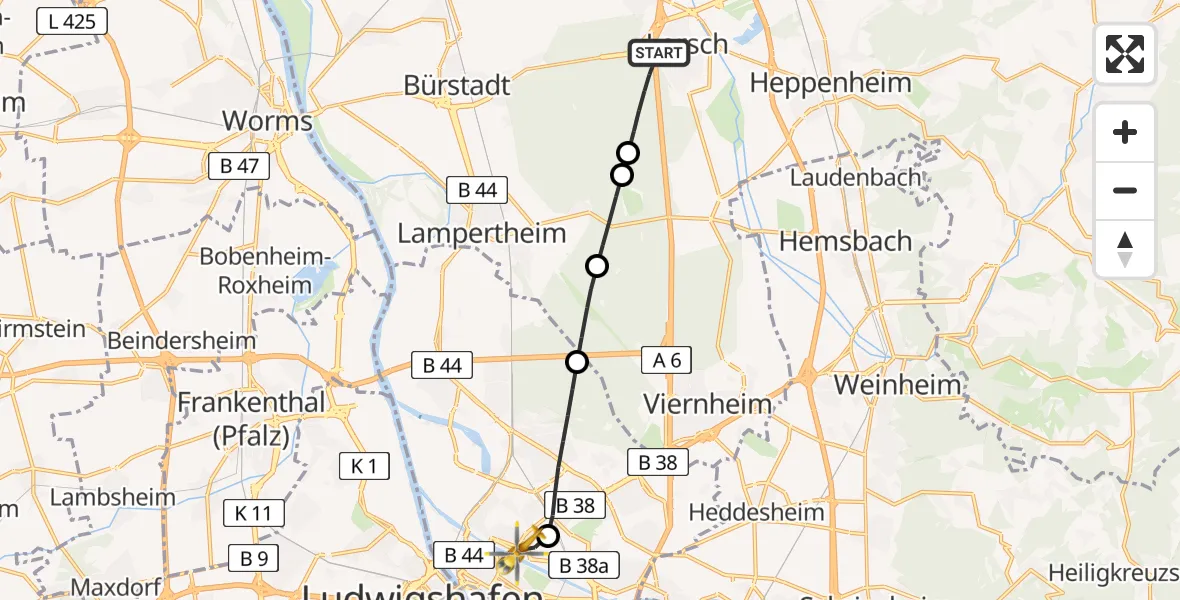 Flugroute Rettungshubschrauber Lorsch - Neckarstadt-Ost/Wohlgelegen, 09 März 2026, 16:40