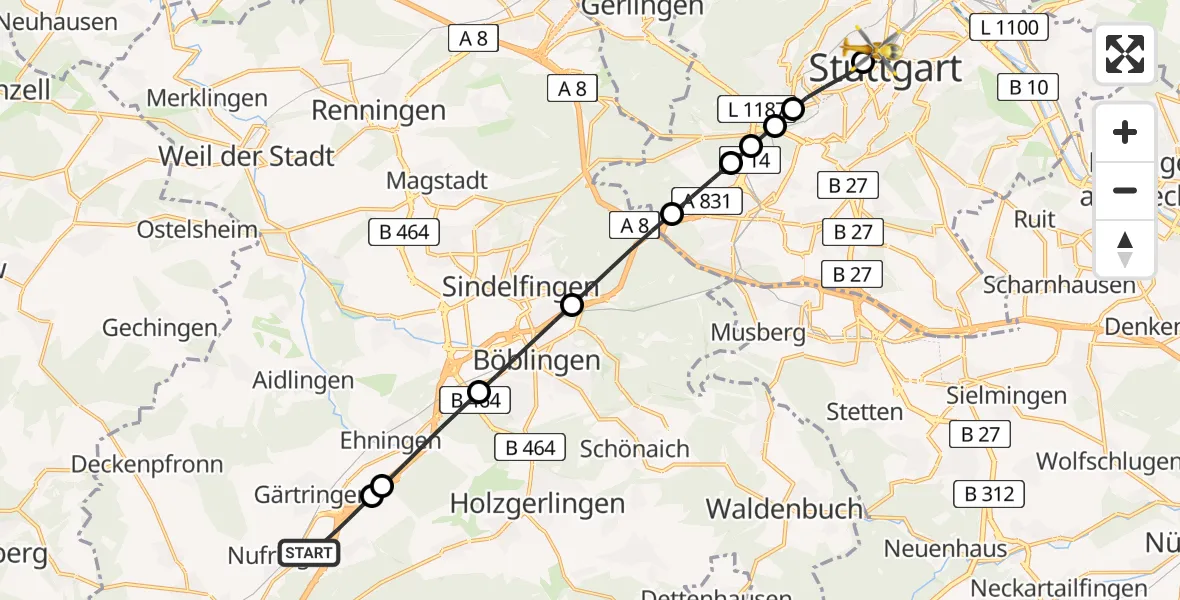 Routekaart van de vlucht: Rettungshubschrauber nach Stuttgart, Kriegsbergstraße