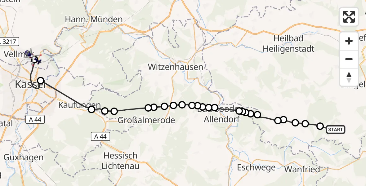 Flugroute Polizeihubschrauber Effelder - Fuldatal Federal Police Heliport, 09 März 2026, 16:49