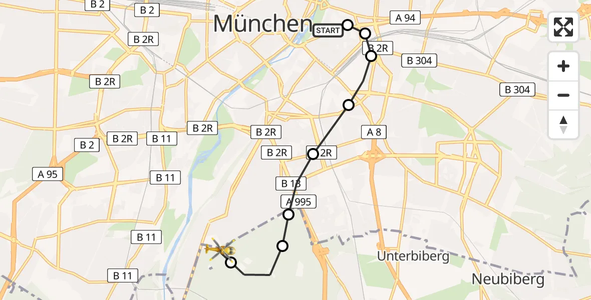 Flugroute Rettungshubschrauber Rechts der Isar University Hospital - ADAC Air Rescue Center Heliport (Christoph 1), 09 März 2026, 16:54