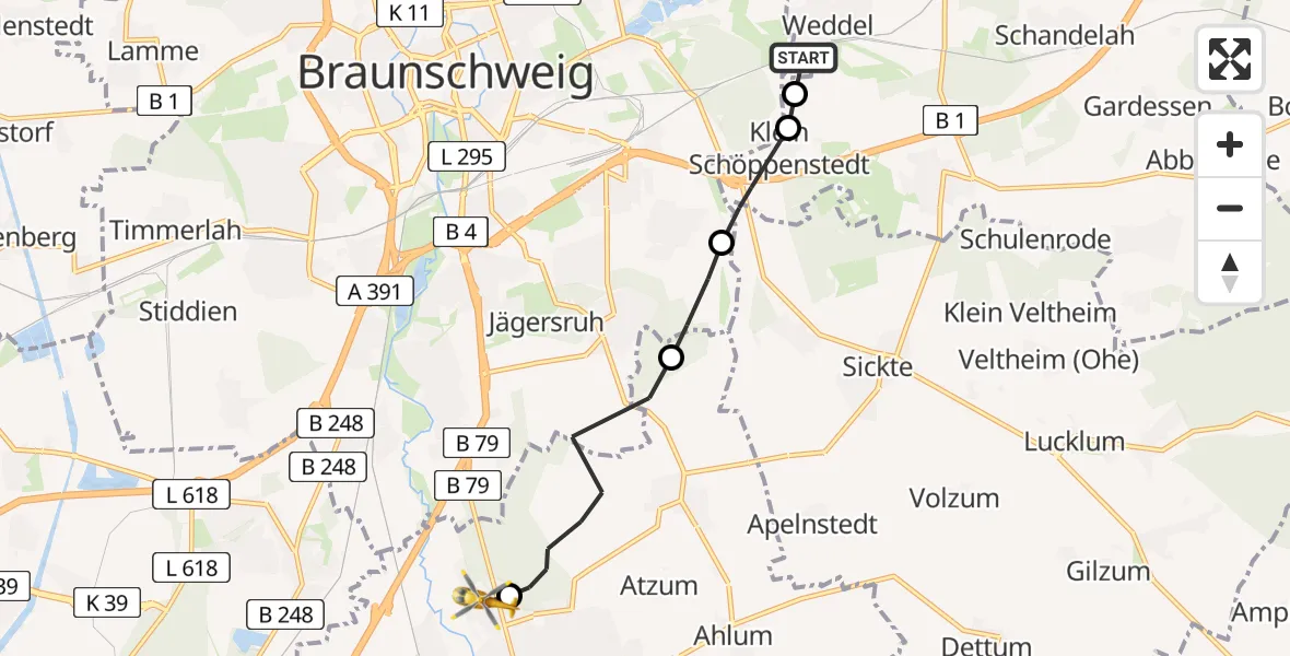 Flugroute Rettungshubschrauber Weddel - Wolfenbüttel Municipal Hospital Heliport (Christoph 30), 09 März 2026, 16:55